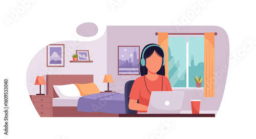 Woman working from home on laptop, wearing headphones. Perfect for blog posts, articles, or website banners about remote work.