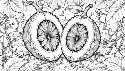 Intricate line art of sliced fruit surrounded by botanical elements for coloring