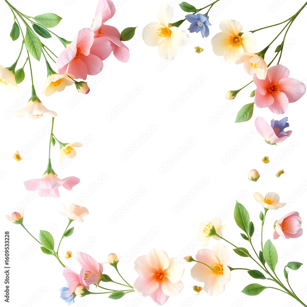 Fototapeta premium Delicate floral wreath with pink and cream blossoms isolated on a transparent background