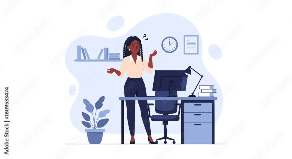 Confused businesswoman at her desk, perfect for illustrating problem-solving or decision-making in business contexts. Confused businesswoman at her desk, perfect for illustrating problem-solving or decision-making in business contexts.