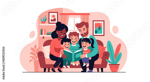 Happy family reading a book together at home. Perfect for family blogs, websites, and children's book illustrations.