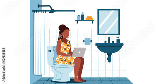 Woman working on laptop in bathroom - illustration for blog, website or social media.
