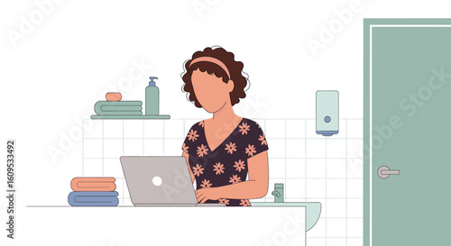 Woman working on laptop in bathroom, perfect for articles on work-life balance or remote work.