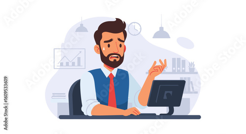 Worried businessman at his desk, perfect for illustrating stress, deadlines, or workplace anxiety in presentations or blog posts.