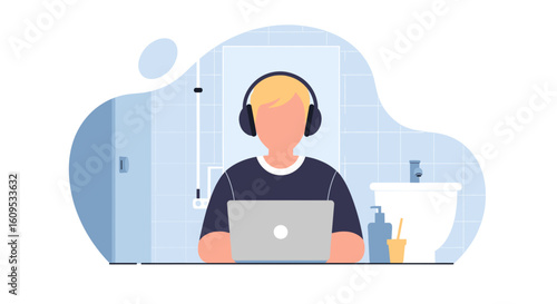 Person working on laptop in bathroom, perfect for articles on work-life balance or remote work.