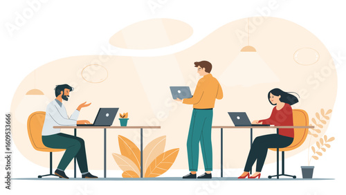 Teamwork in a modern office: diverse colleagues collaborating on projects using laptops. Ideal for websites, presentations, and brochures.