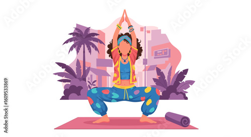 Woman practicing yoga outdoors in a vibrant urban setting. Ideal for wellness websites, brochures, or social media.