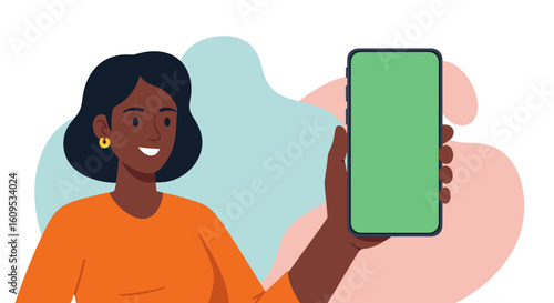 Smiling woman holding a smartphone with a green screen, ideal for app presentations or social media mockups.