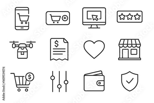 E-commerce icons: shopping cart, heart, storefront, drone, wallet, security