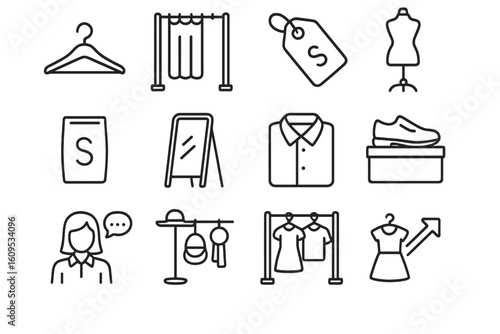 Clothing icons including hanger, price tag, shirt, shoes, and female figure
