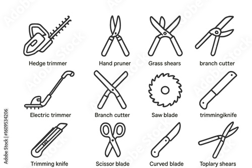 Garden tools icons set: trimmer, pruner, shears, blade, scissor
