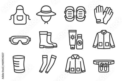 Essential safety equipment icons: apron, helmet, goggles, boots, gloves, jacket