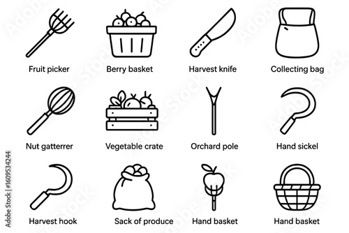 Farming tool icons: basket, knife, crate, bag, picker, sickle, hook