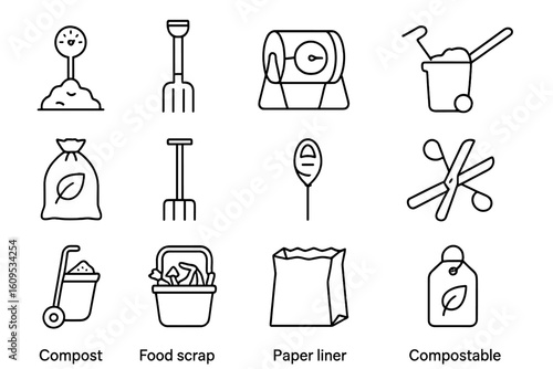 Compost and recycling icons: shovel, bin, bag, sign, waste