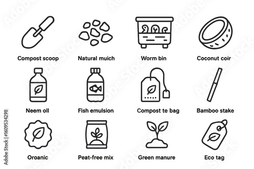 Organic gardening tools and materials icons for eco-friendly cultivation