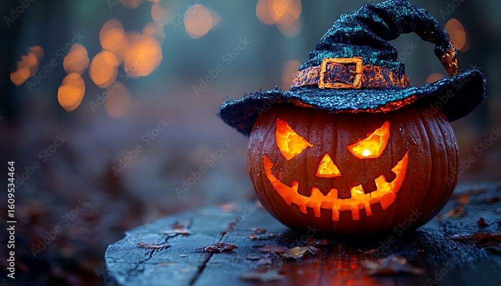 Naklejka premium Glowing Jack O Lantern with Witch Hat on Wooden Surface at Night Halloween pumpkin