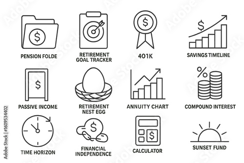 Retirement planning icons: goal tracker, 401k, savings timeline, passive income
