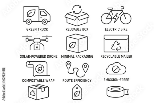 Eco-friendly delivery icons: green truck, solar drone, recyclable packaging