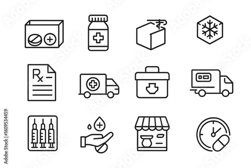 Medical and pharmaceutical icons on dark background