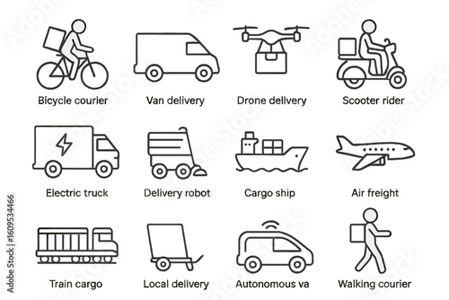 Various delivery methods with icons for land, air, and sea transport