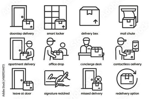Various delivery methods icons: doorstep, locker, office, contactless, redelivery