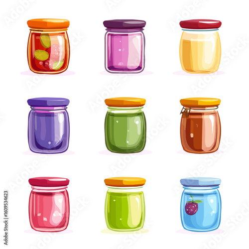 A Minimalistic 2D flat icon illustration of jelly jars set, clean vector design, simple illustration style, isolated on a white background, modern element in vector and EPS format.