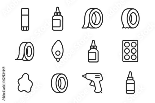 Variety of glue and tape icons on dark background