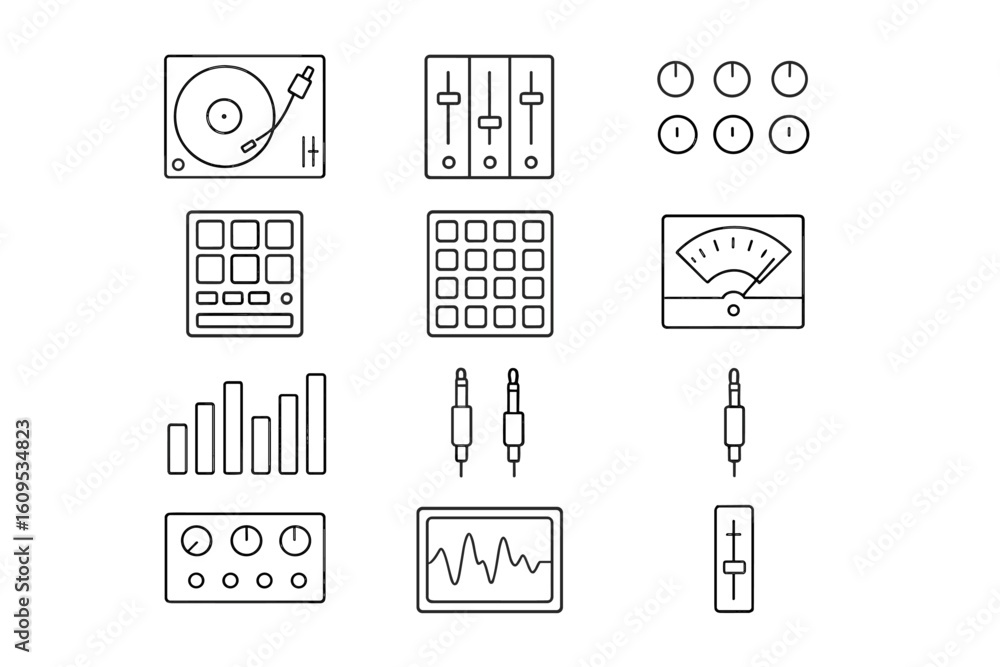 Black and white audio equipment icons on metallic background Black and white audio equipment icons on metallic background