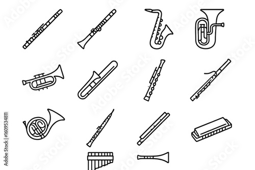 Various musical instruments silhouettes on dark background