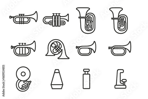 Musical instrument icons: trumpets, tubas, cymbals, metronome, valve oil