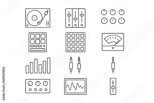 Black and white audio equipment icons on metallic background