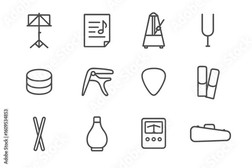 Musical instrument icons set: music stand, notes, tuner, capo, pick, reed