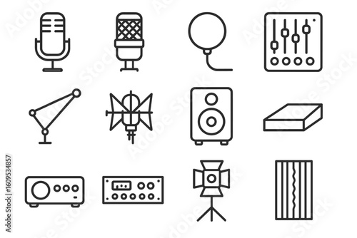Audio equipment icons: microphone, sound mixer, speaker, studio light