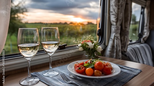 Casual dinner scene in a camper van at sunset food photography relaxing environment cozy viewpoint