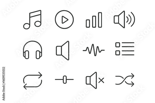Audio icon set featuring music, sound, and playback symbols