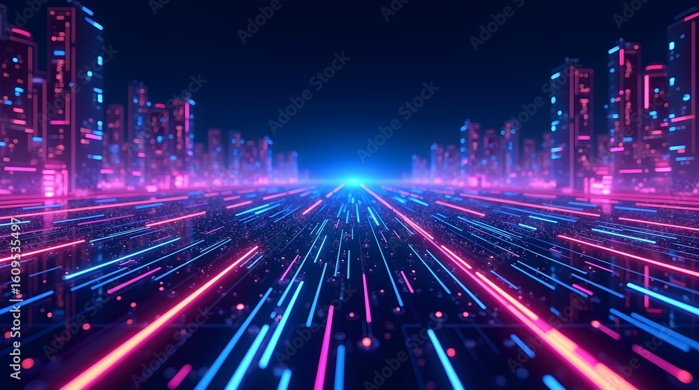 Futuristic digital highway with glowing neon light trails moving through a cyber city. Abstract high-speed motion concept representing technology, data, and virtual reality. Futuristic digital highway with glowing neon light trails moving through a cyber city. Abstract high-speed motion concept representing technology, data, and virtual reality.