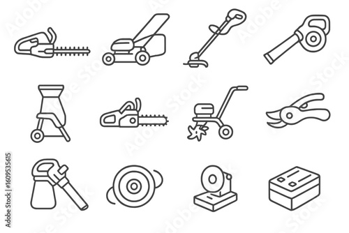Outline icons of gardening tools in grayscale with lawn mower chainsaw trimmer
