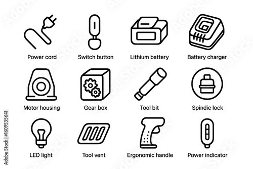 Tool icons set: power, battery, motor, gear, handle, indicator