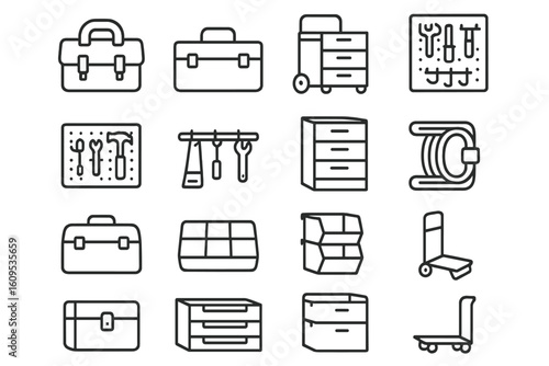 Collection of tools and storage icons on dark background