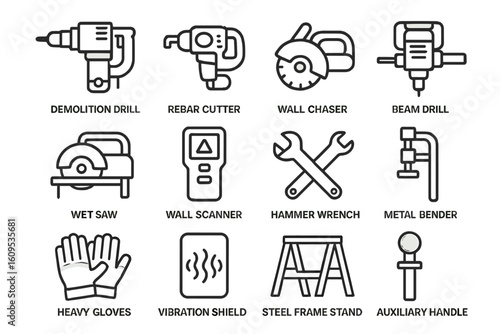 Industrial tools collection: drills, saws, wrenches, and more displayed