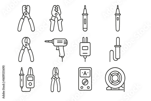 Various hand tools and electrical instruments on dark background