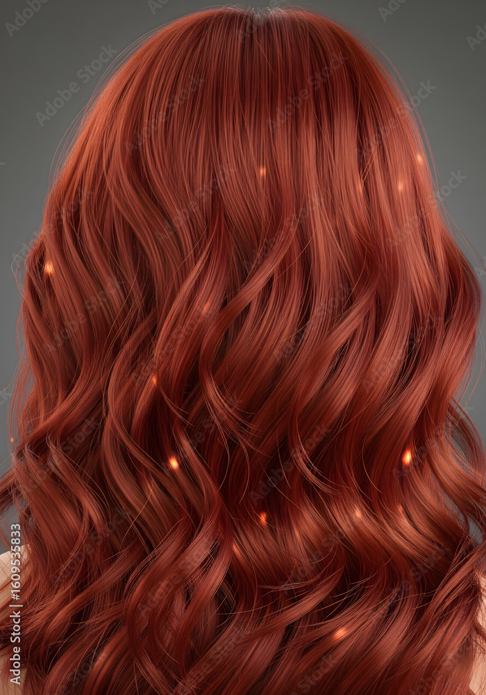 Fototapeta premium A close-up view from behind shows lustrous, wavy red hair with subtle, glowing light effects throughout