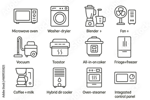 Modern home appliances icons: microwave, washer, blender, fan, vacuum, toaster