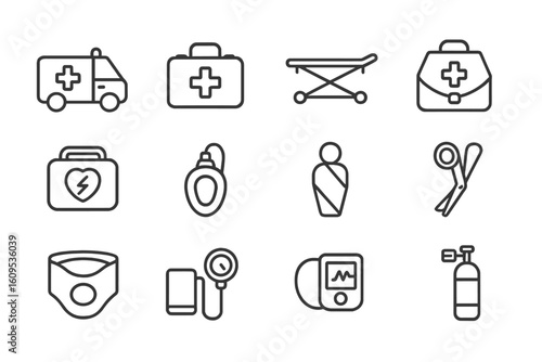 Medical equipment icons: ambulance, first aid, stretcher, defibrillator, oxygen tank
