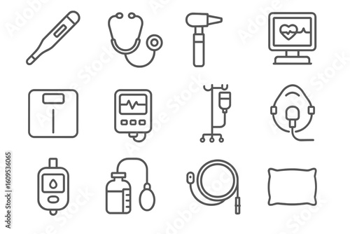 Outline icons of medical tools and equipment on dark background