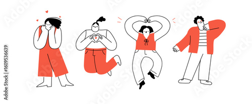 Quirky abstract people in hand drawn line art style. Set of modern man, woman expressing positive emotions, happiness. Cute vector illustration