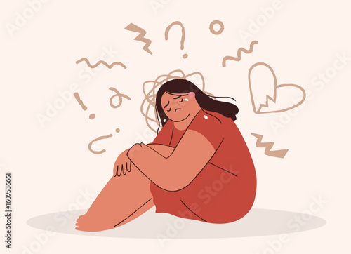 Cartoon woman crying  isolated. Sad overwhelmed girl character with mental breakdown. Vector illustration in hand drawn flat style.