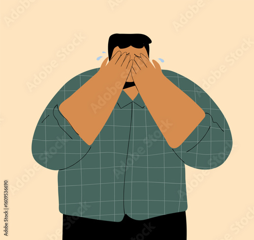 Cartoon man crying  isolated. Sad overwhelmed character with mental breakdown. Vector illustration in hand drawn flat style.