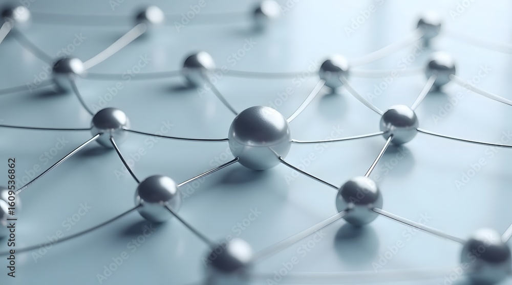 An abstract network of connected silver spheres. A concept for technology, connection, communication, molecular structure, or teamwork. An abstract network of connected silver spheres. A concept for technology, connection, communication, molecular structure, or teamwork.