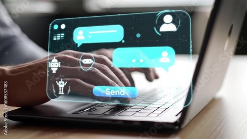 Wallpaper Mural Typing on Laptop with AI Chat Overlay Business, Communication, Technology Concept Torontodigital.ca